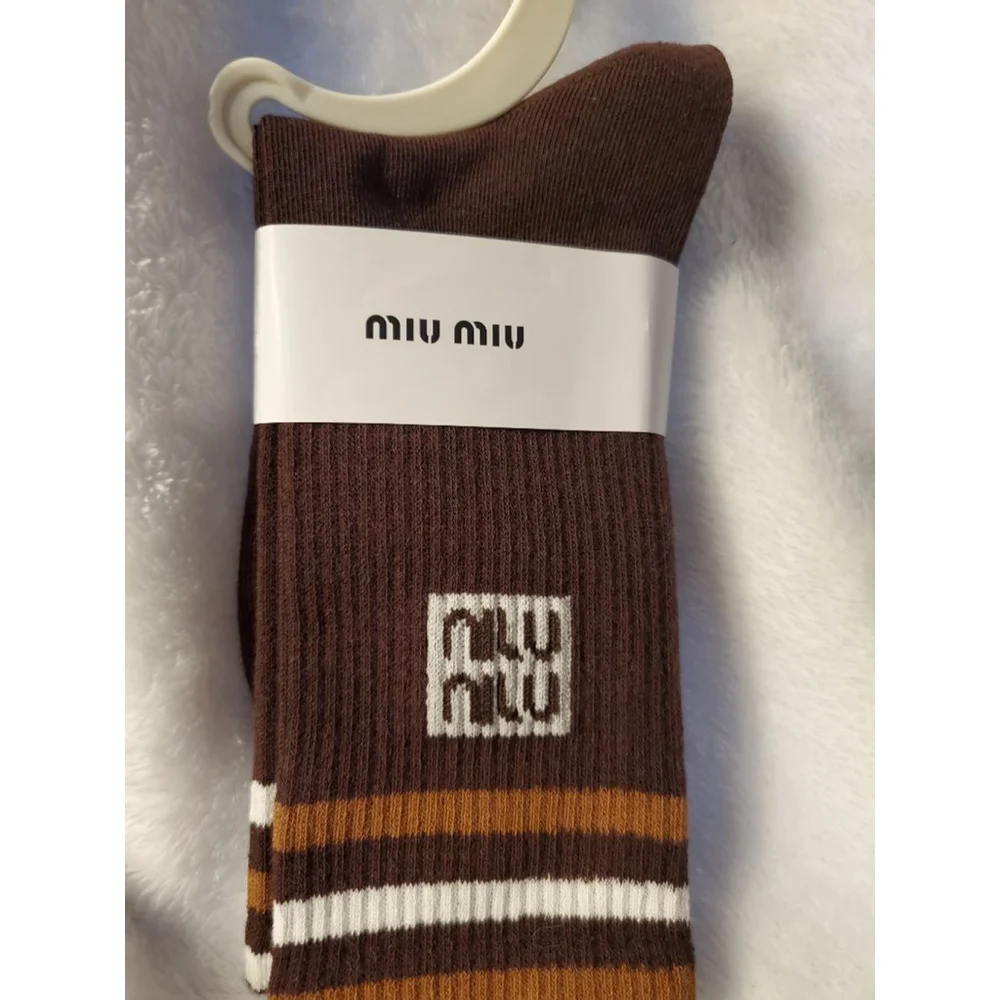 Crew Miu Miu Brown & White Striped Logo Socks Size W 7-9